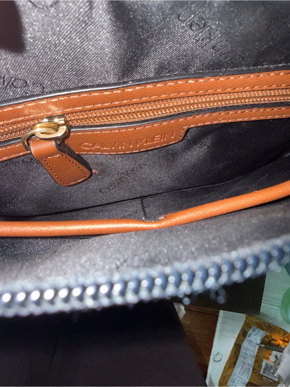 Calvin Klein Black Messenger Bag with Brown Trim